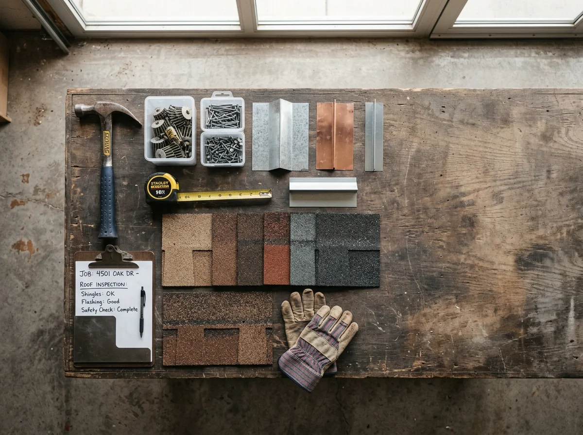 Roofing tools and materials arranged on a work surface, representing the range of services from repairs to new installations.