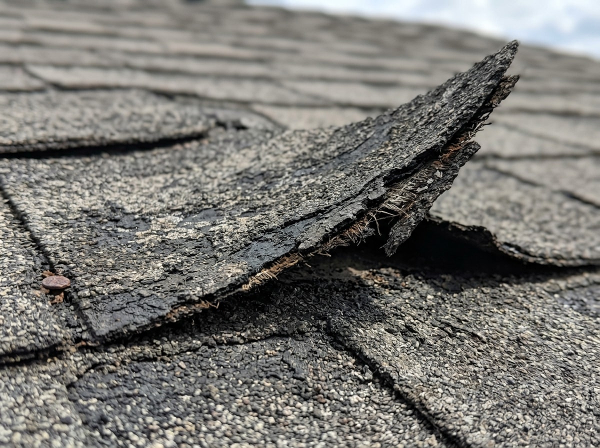 Close-up of a curled and granule-worn asphalt shingle on a Paradise Valley AZ roof