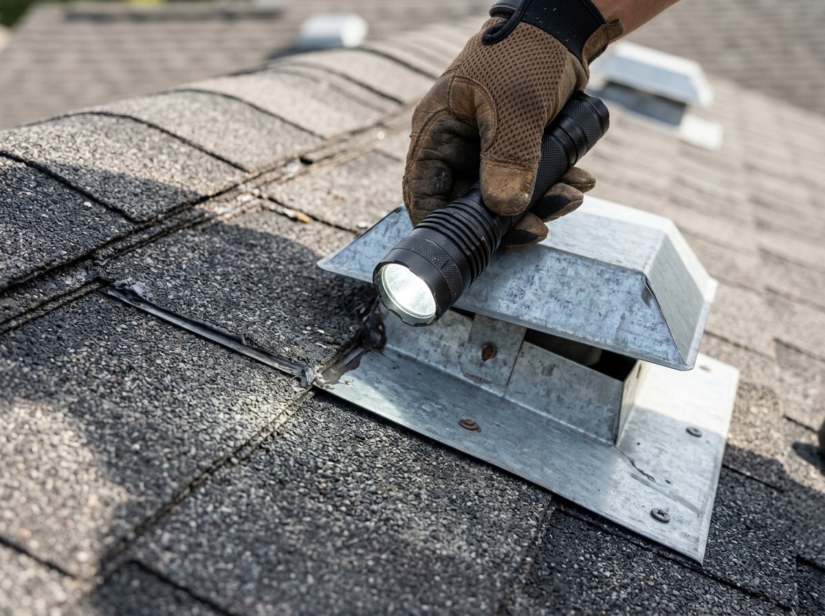Roofing technician inspecting asphalt shingles and flashing on a Paradise Valley AZ home