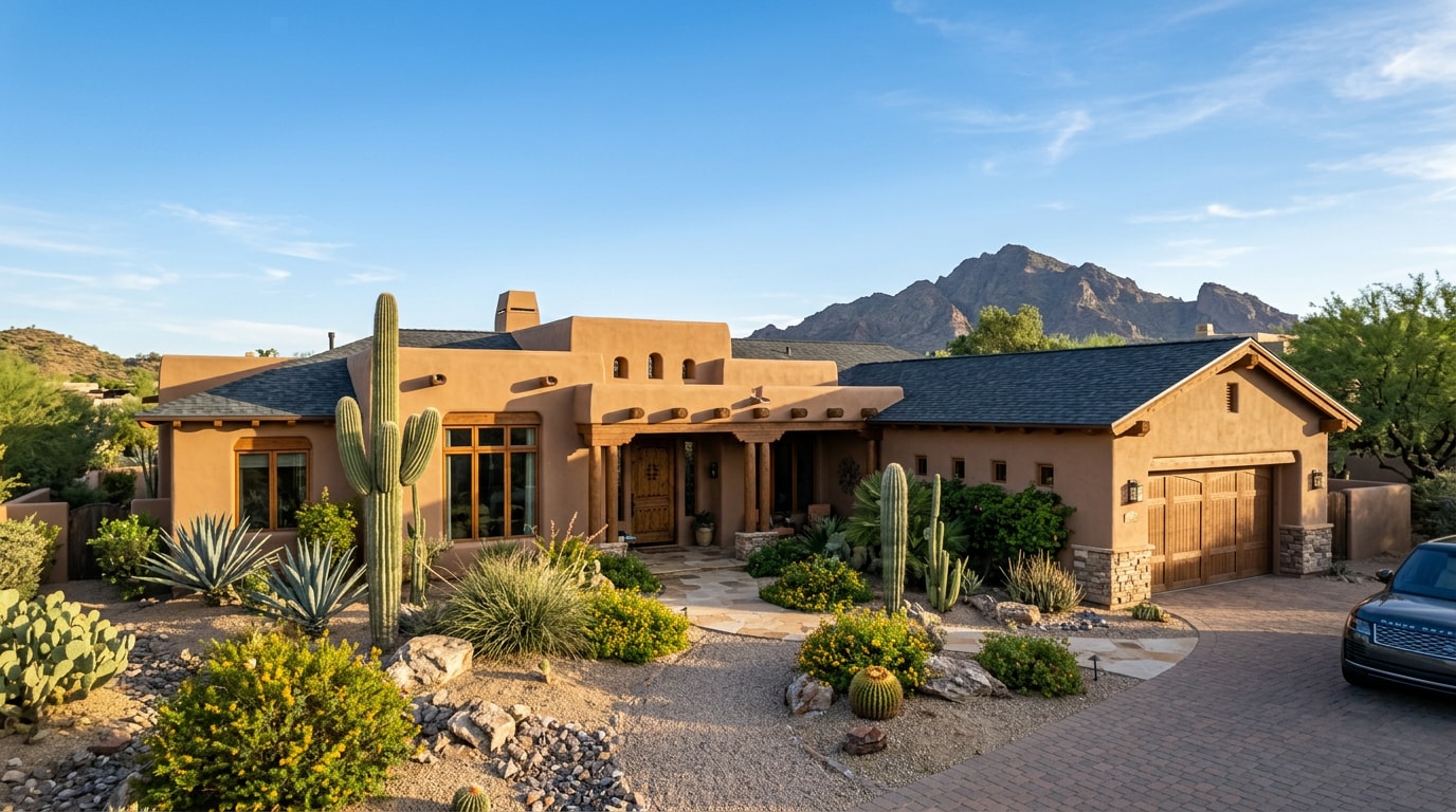 Asphalt shingle roof on a Paradise Valley, AZ home under clear desert sky