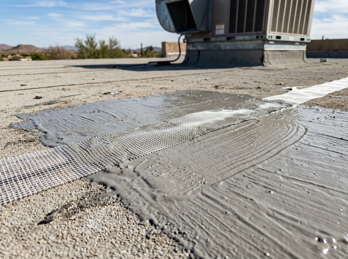 technician applying elastomeric roof coating with polyester mesh reinforcement on a Gilbert flat roof