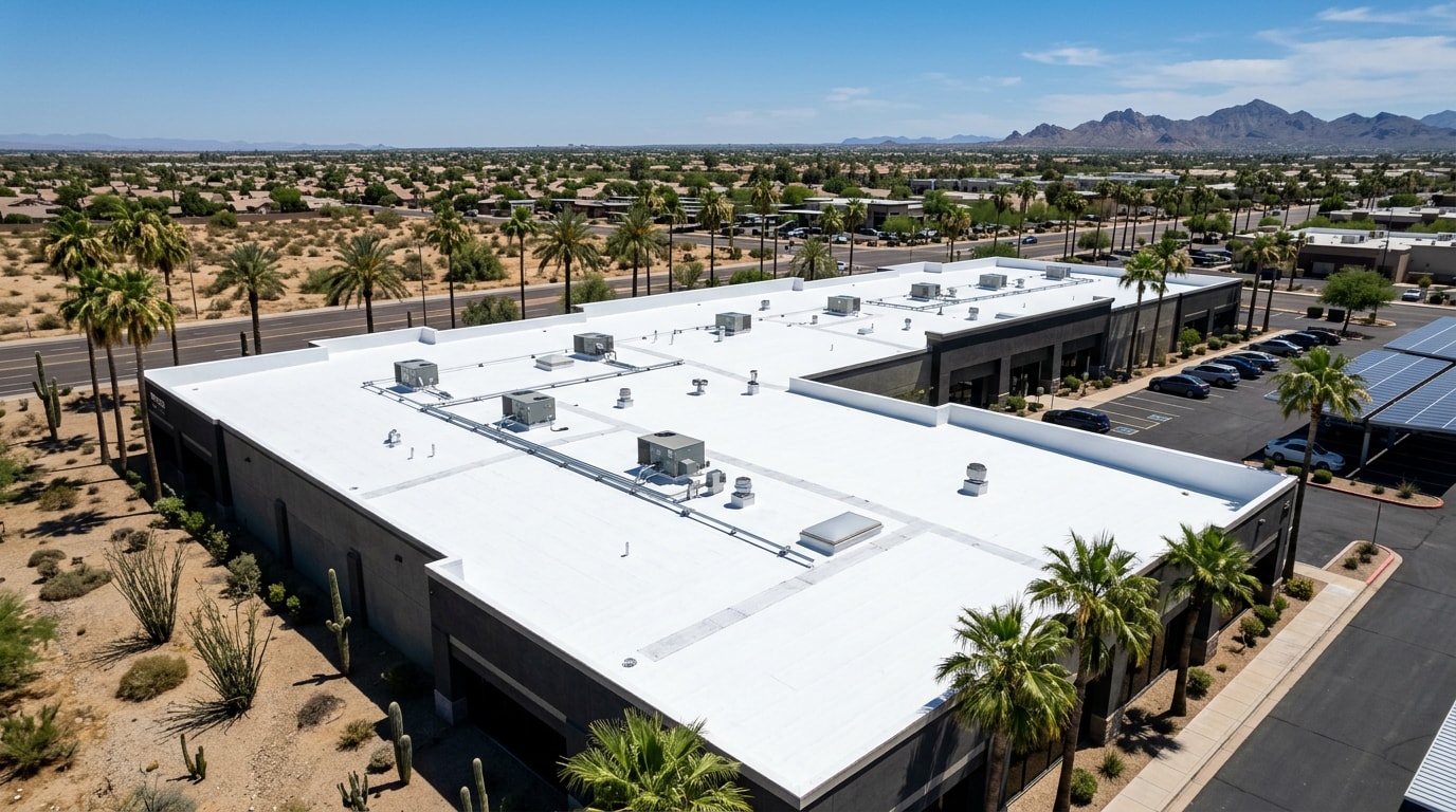 reflective white elastomeric coating on a commercial flat roof in Gilbert, AZ