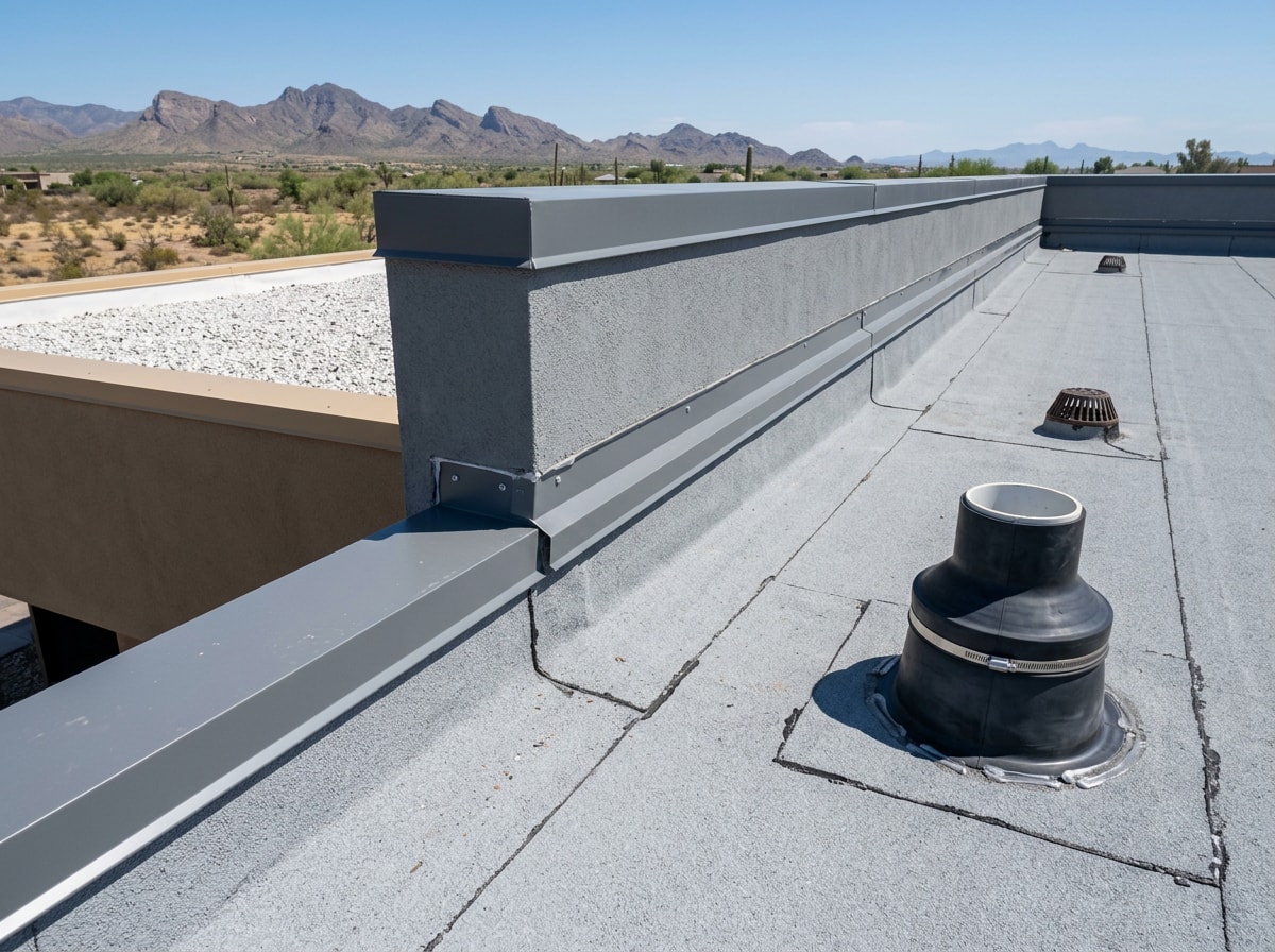 flat roof flashing types diagram showing parapet, edge, and penetration details on a Mesa, AZ commercial roof