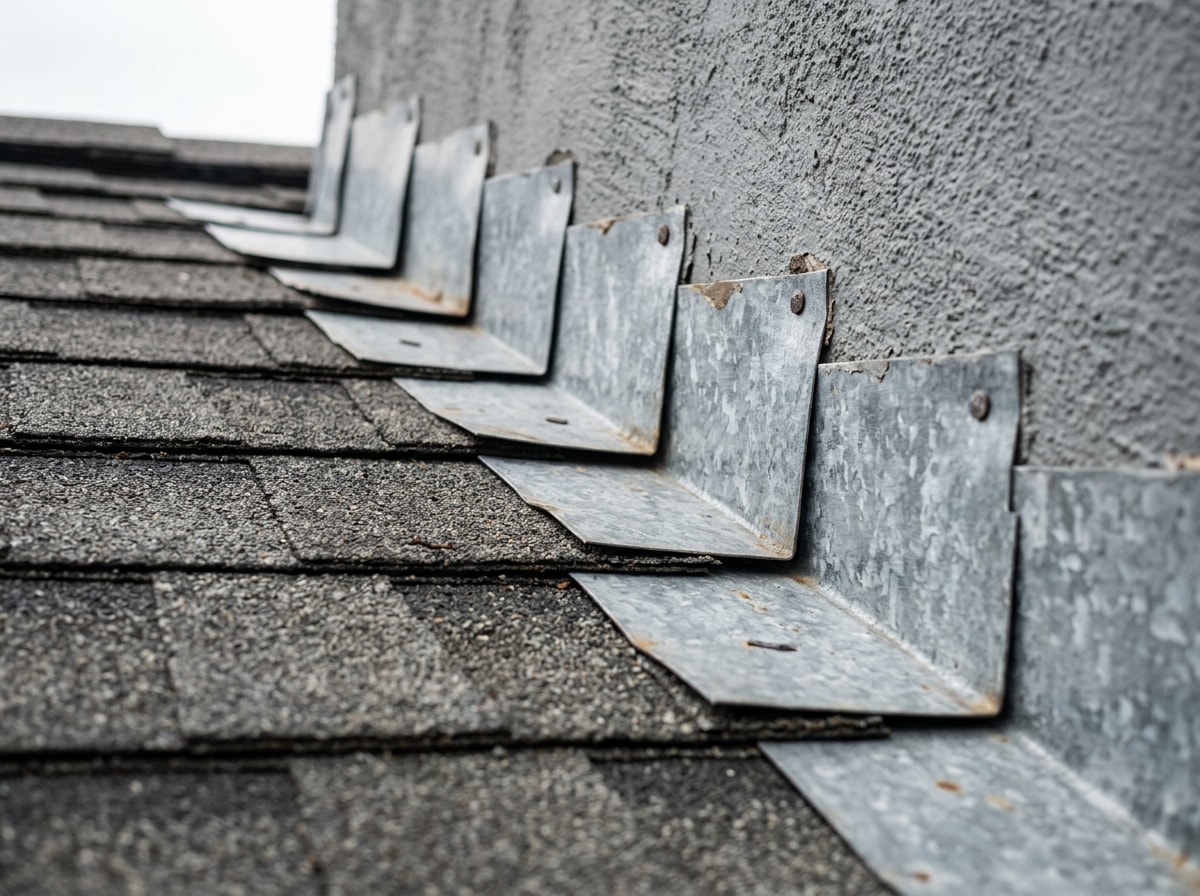 diagram showing overlapping step flashing layers at a flat roof wall transition