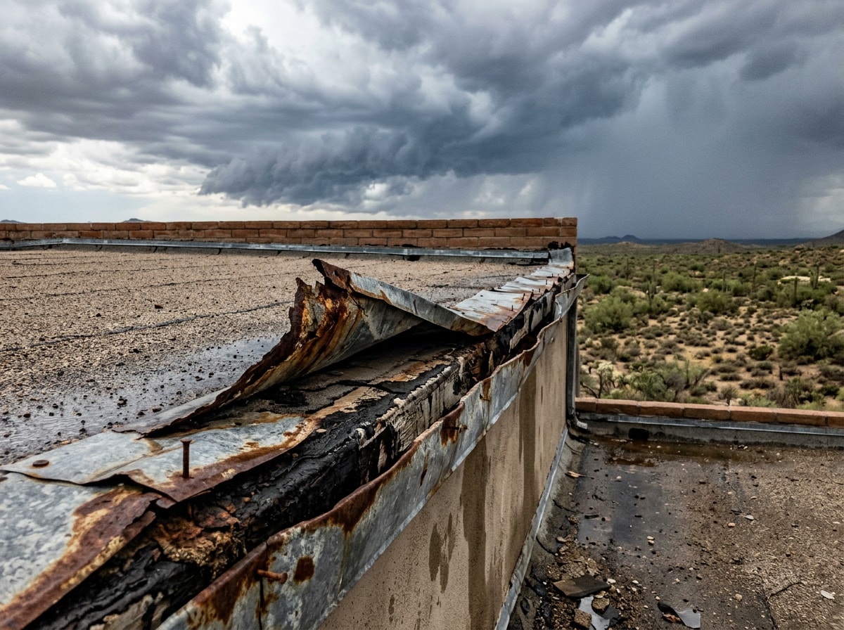 cracked and lifted roof flashing damage after an Arizona monsoon storm