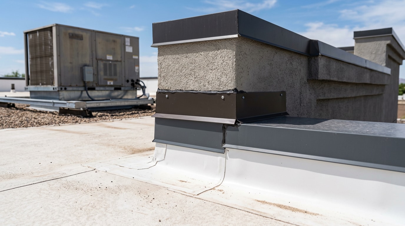 Flat roof flashing installed at a parapet wall on a Mesa, AZ commercial building Flat roof flashing installed at a parapet wall on a Mesa, AZ commercial building