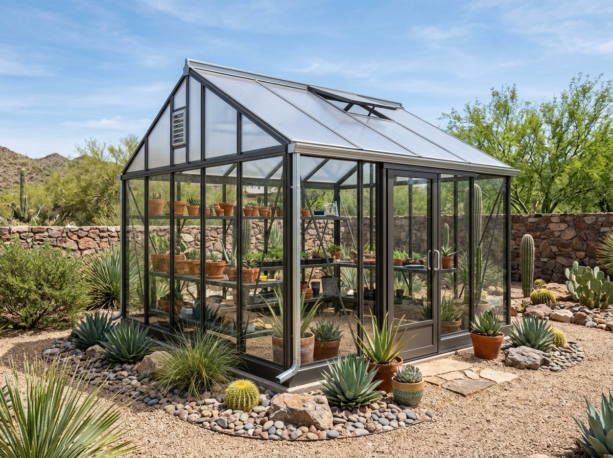 Finished hybrid-glazed greenhouse with glass sidewalls and polycarbonate roof panels in a desert backyard