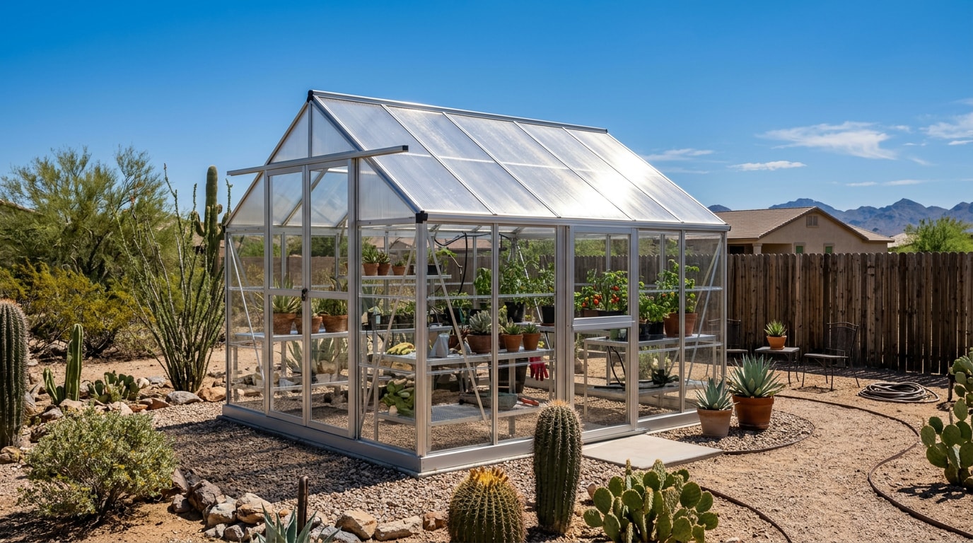 Backyard greenhouse with multiwall polycarbonate roofing in a Fountain Hills, AZ desert yard