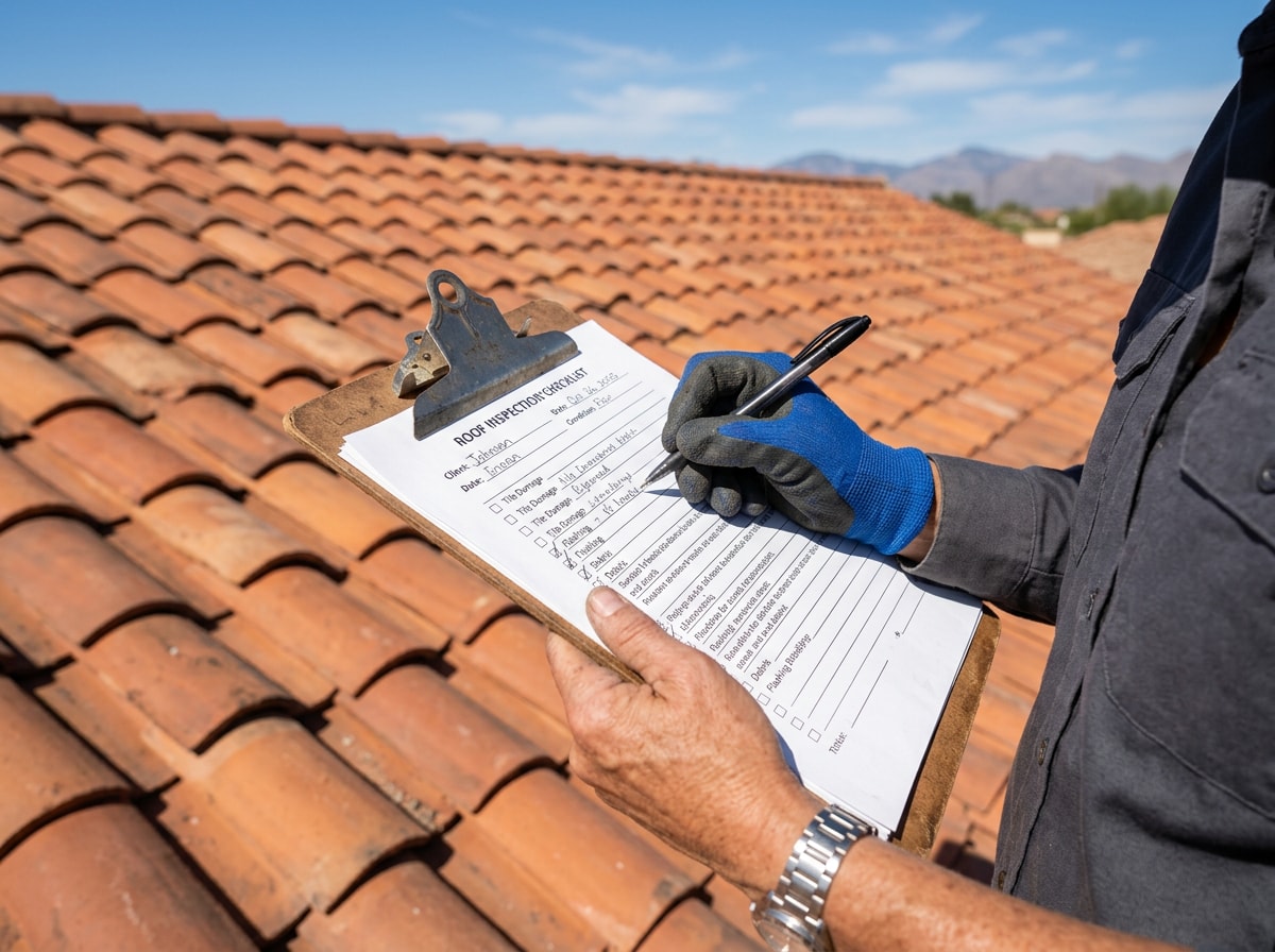 Licensed roofing contractor inspecting a tile roof in Scottsdale, AZ under clear blue sky