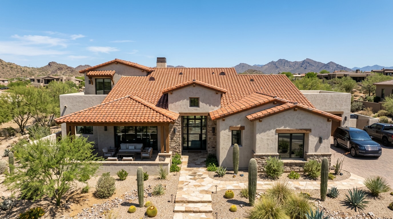 Finished tile roof on a Scottsdale, AZ home under a clear desert sky Finished tile roof on a Scottsdale, AZ home under a clear desert sky