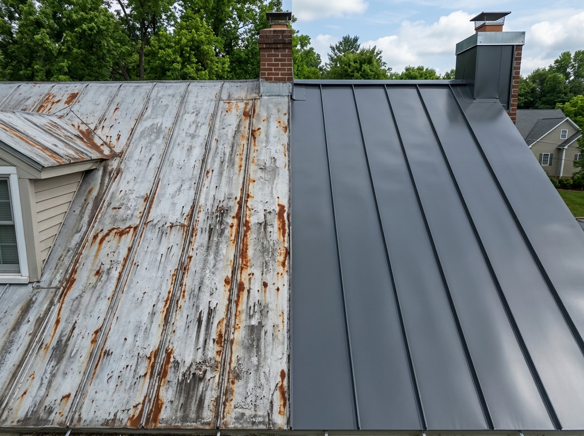 Before and after photo of a repainted metal roof on a Gilbert-style home