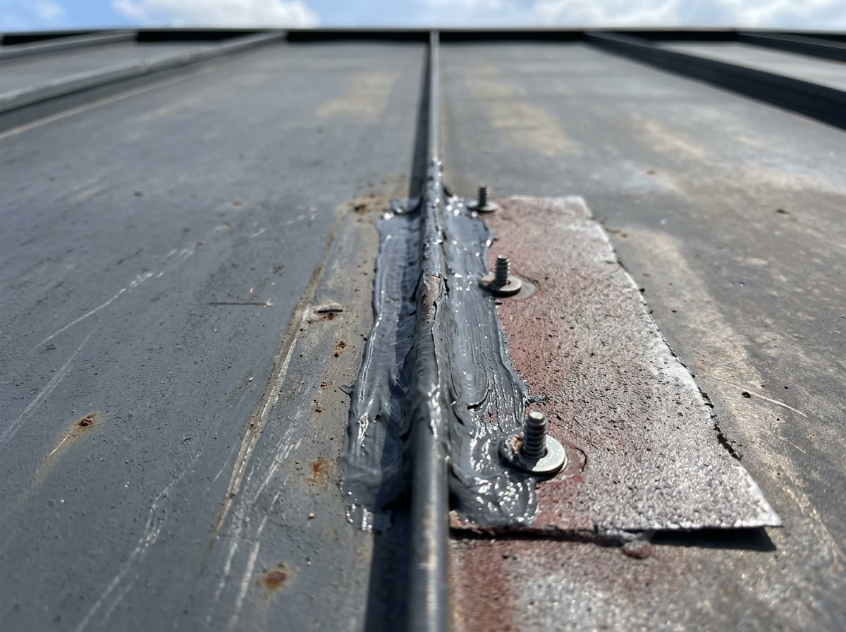 Close-up of seam repair on a metal roof panel before final coating