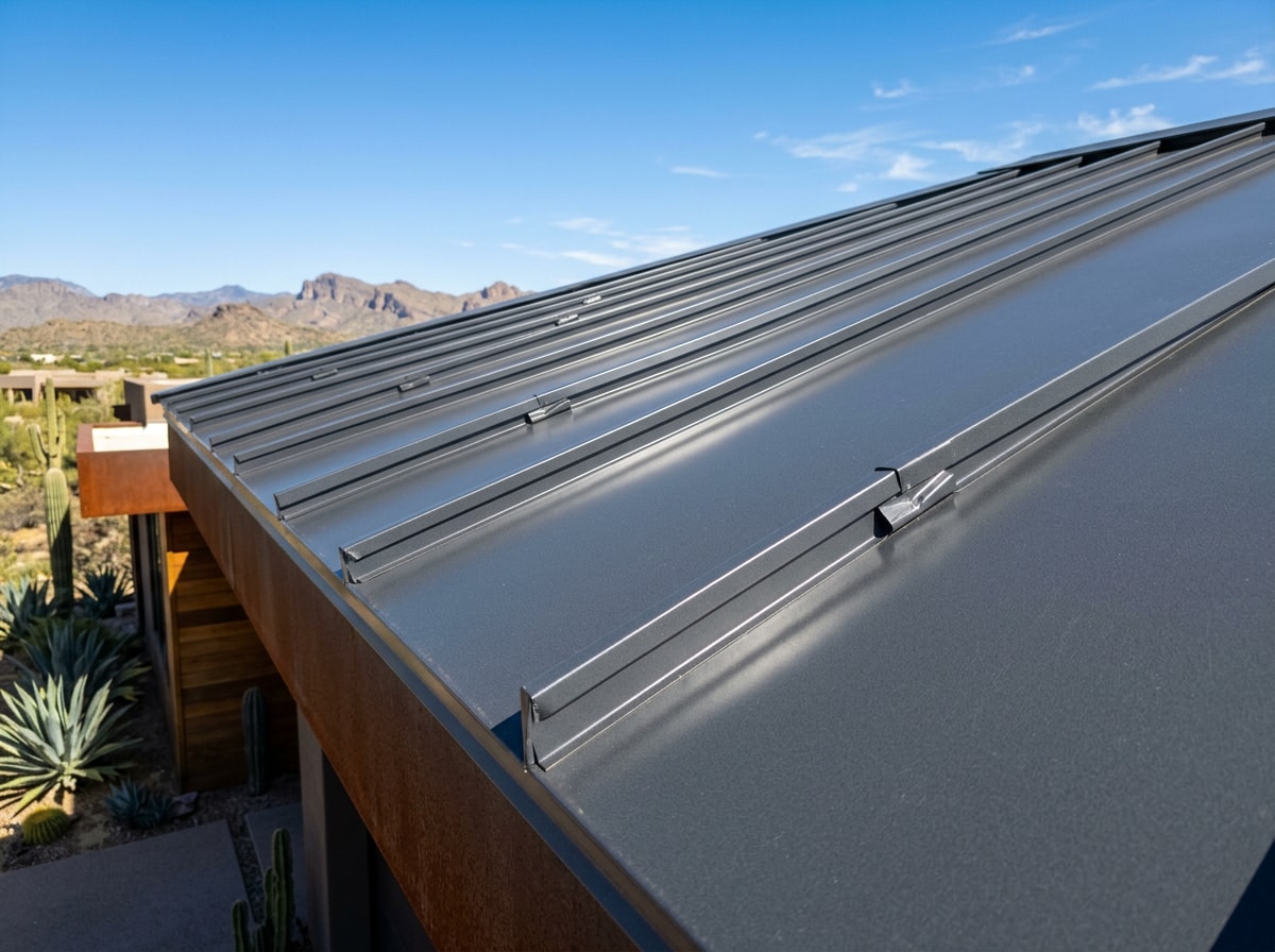 Standing seam metal roof on a Paradise Valley home reflecting desert sunlight