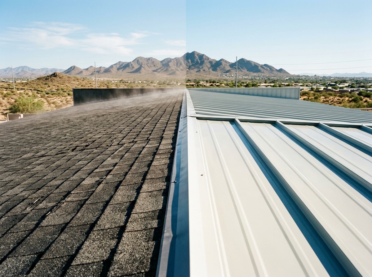 Infographic comparing solar reflectance of metal, tile, and asphalt roofing in Arizona heat