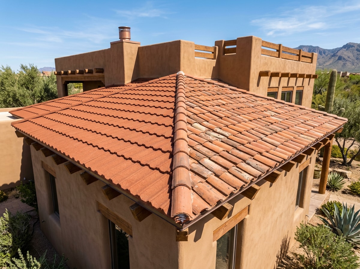 Side-by-side comparison of stone-coated metal tile roofing next to traditional clay tile