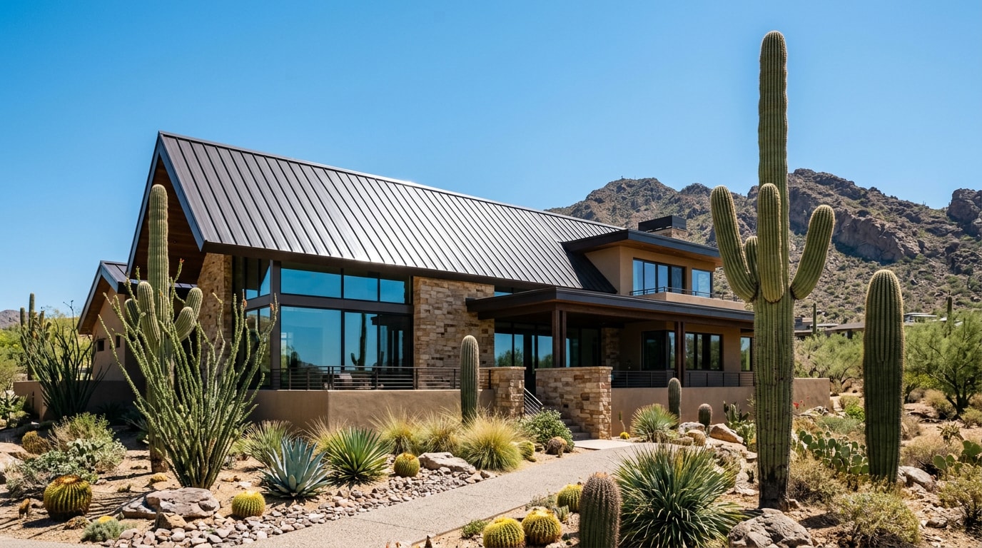 Luxury Paradise Valley home with standing seam metal roof under desert sky