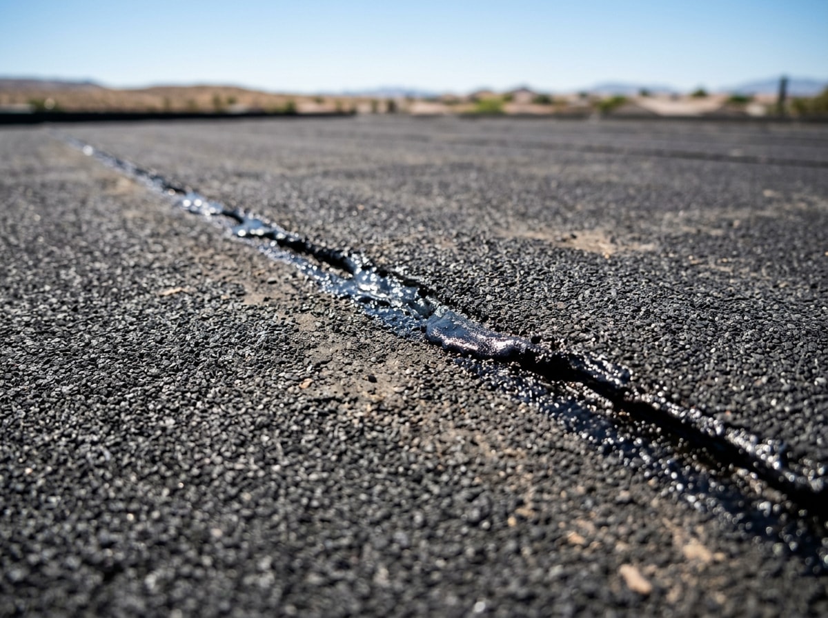 Freshly welded torch-down modified bitumen seam on a flat commercial roof under bright Arizona sunlight