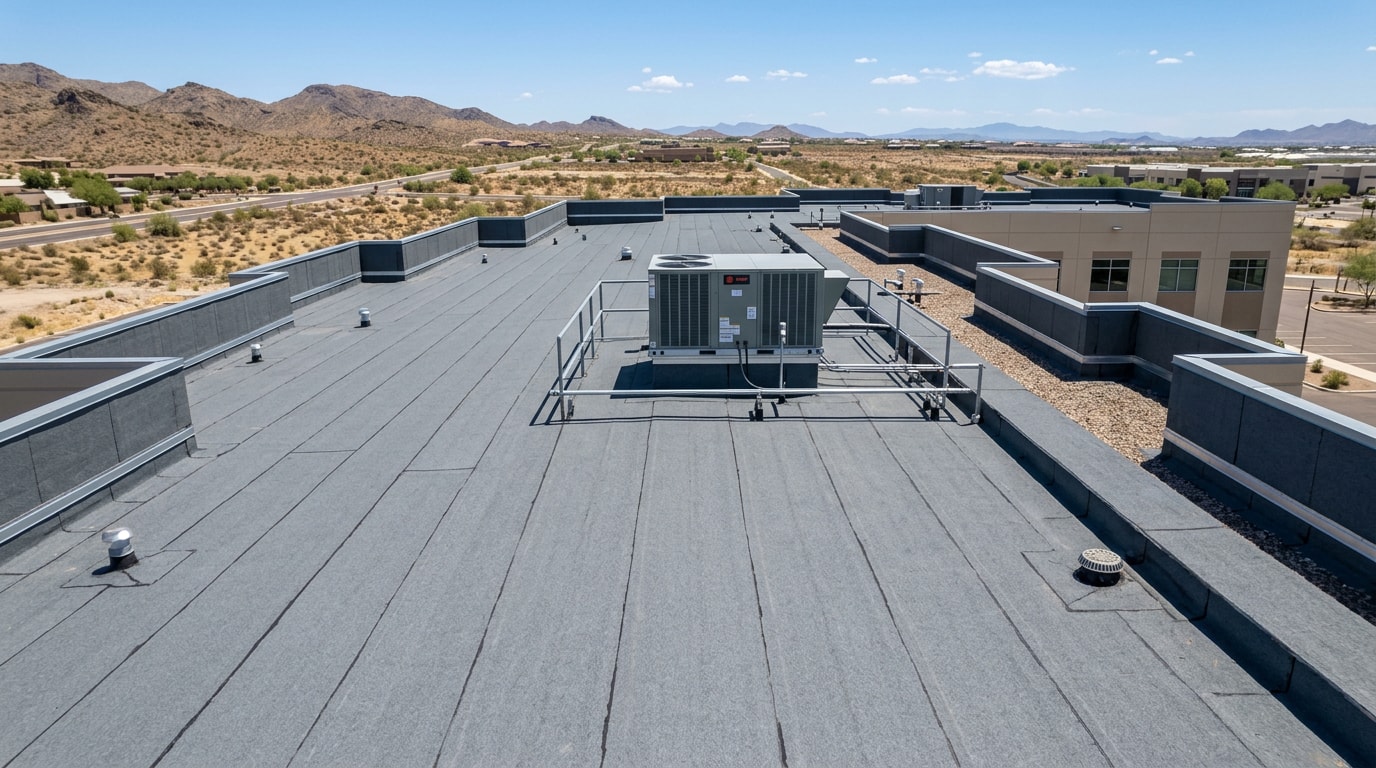 Finished modified bitumen flat roof on a commercial building in Queen Creek, AZ Finished modified bitumen flat roof on a commercial building in Queen Creek, AZ