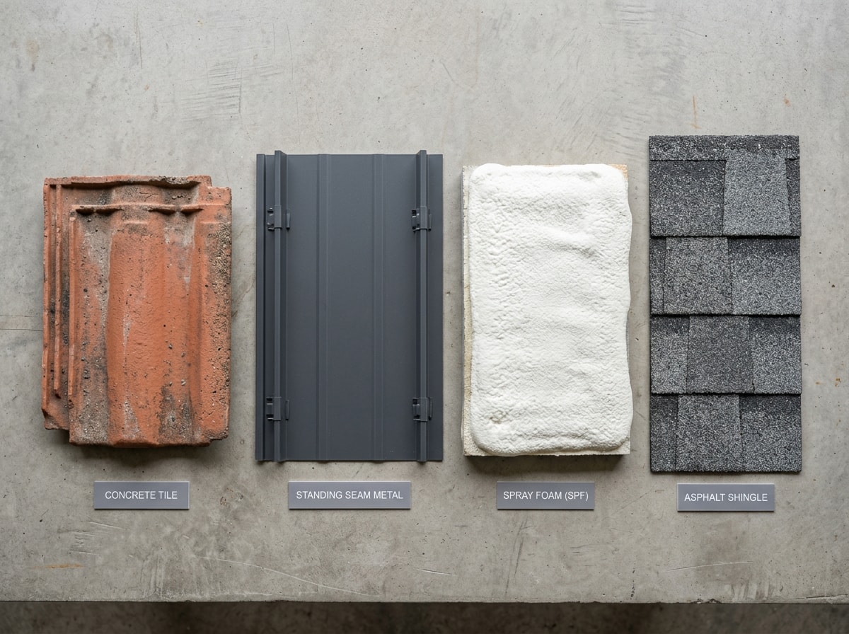 Side-by-side comparison of tile, metal, foam, and shingle roofing materials for Arizona homes