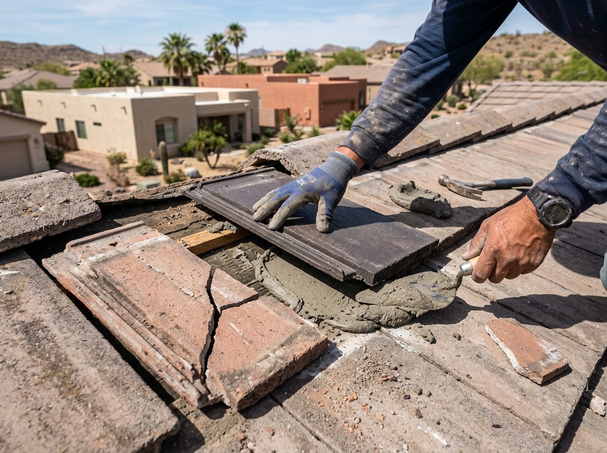 Close-up of a cracked and slipped roof tile being repaired on a Chandler home