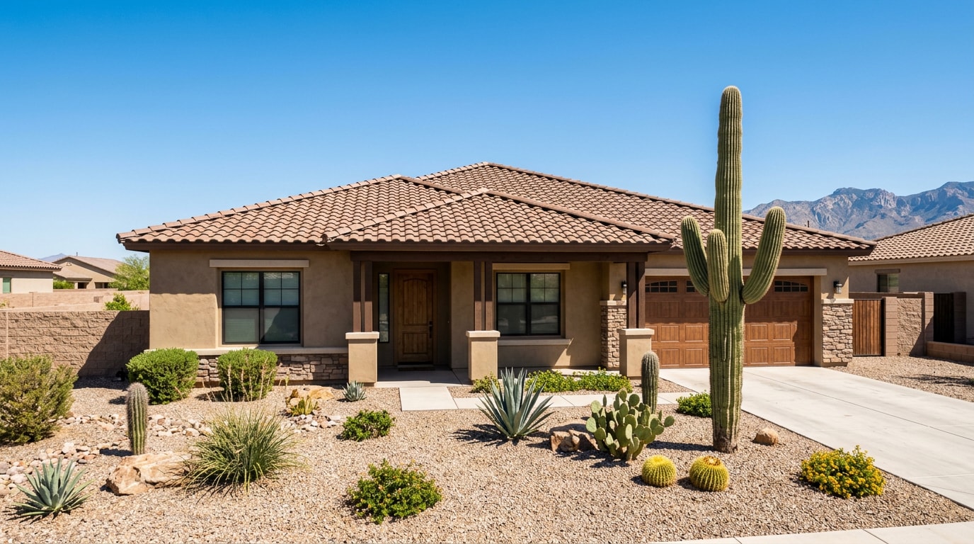 Concrete tile residential roof on a Chandler, Arizona home under bright desert sun Concrete tile residential roof on a Chandler, Arizona home under bright desert sun