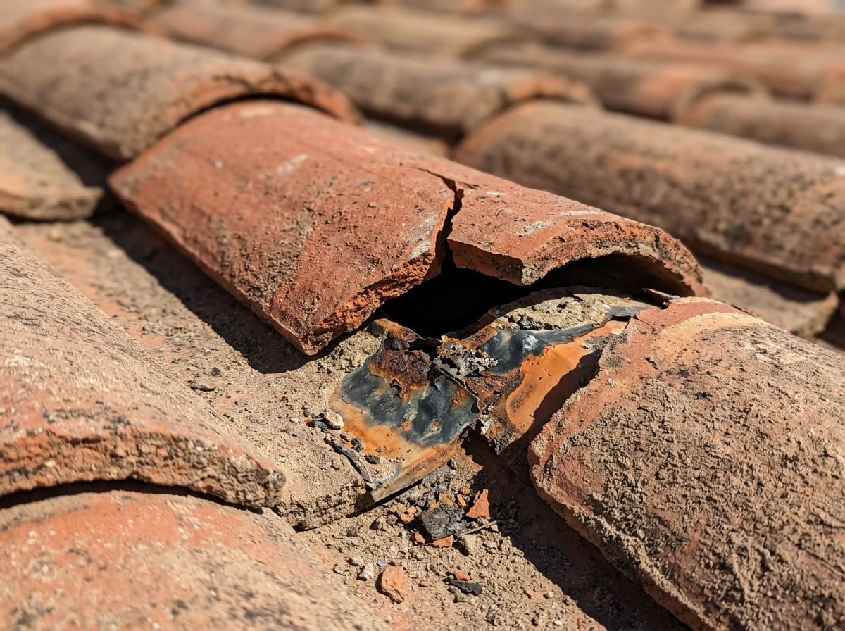 Close-up of a cracked clay roof tile with damaged flashing on a Cave Creek home
