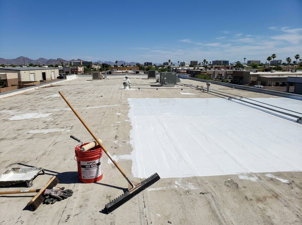 Technician applying sealant to a repaired section of a flat foam roof under clear Arizona sky