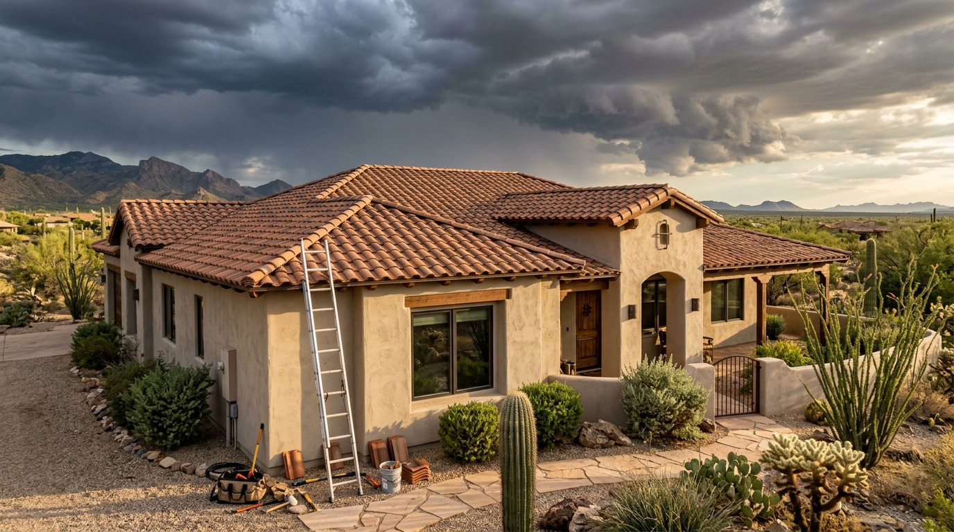 Clay tile roof on a Cave Creek, Arizona home with monsoon storm clouds approaching