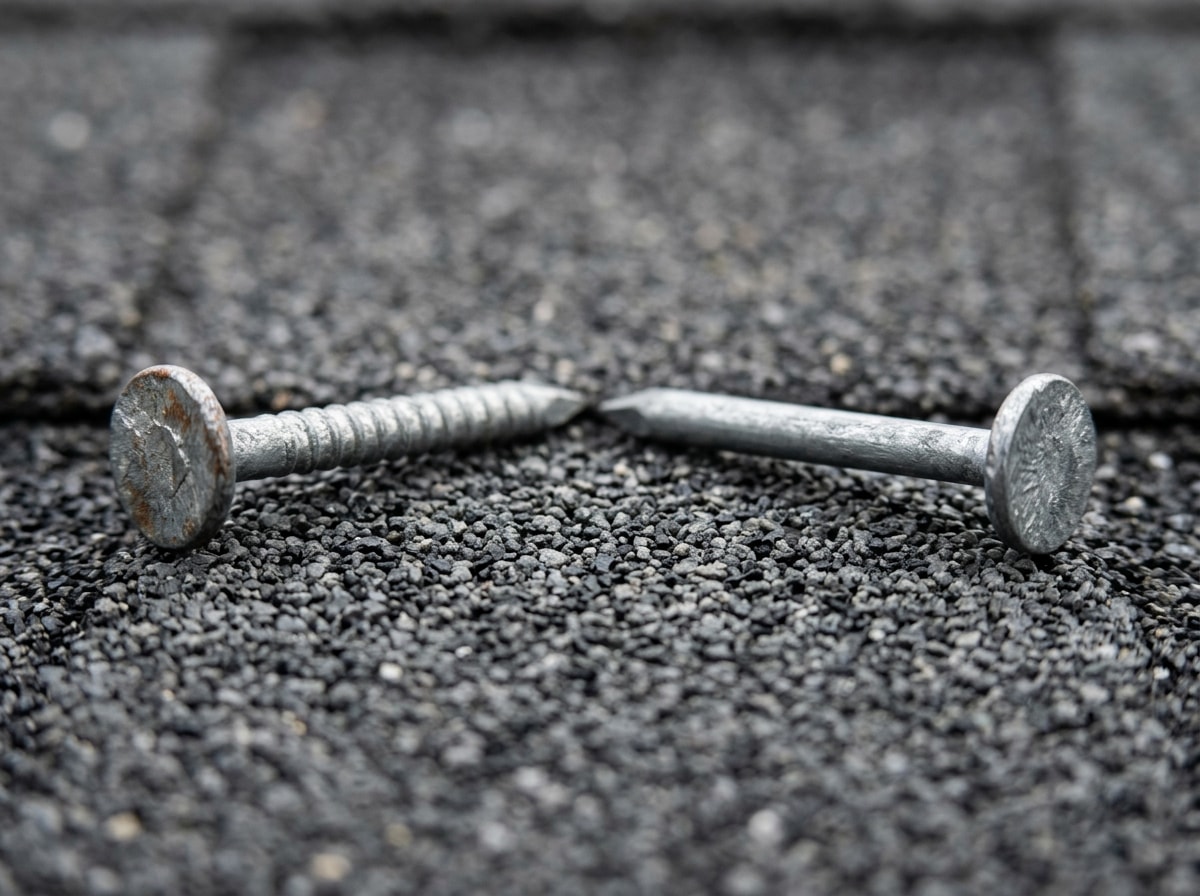 Close-up of ring shank and smooth shank galvanized roofing nails laid side by side on an asphalt shingle