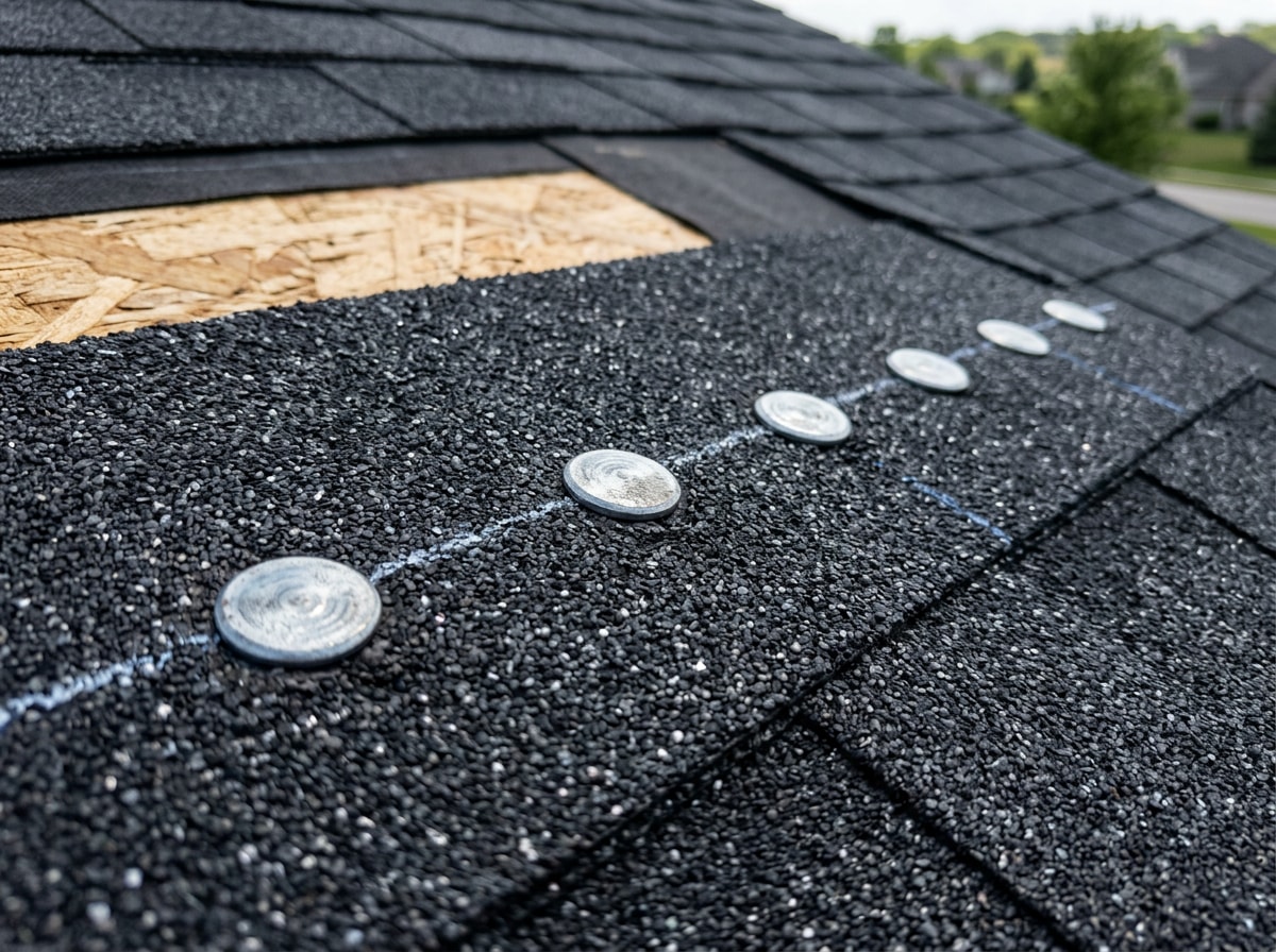 Close-up of properly driven galvanized roofing nails flush along the nailing line of an asphalt shingle on a roof deck