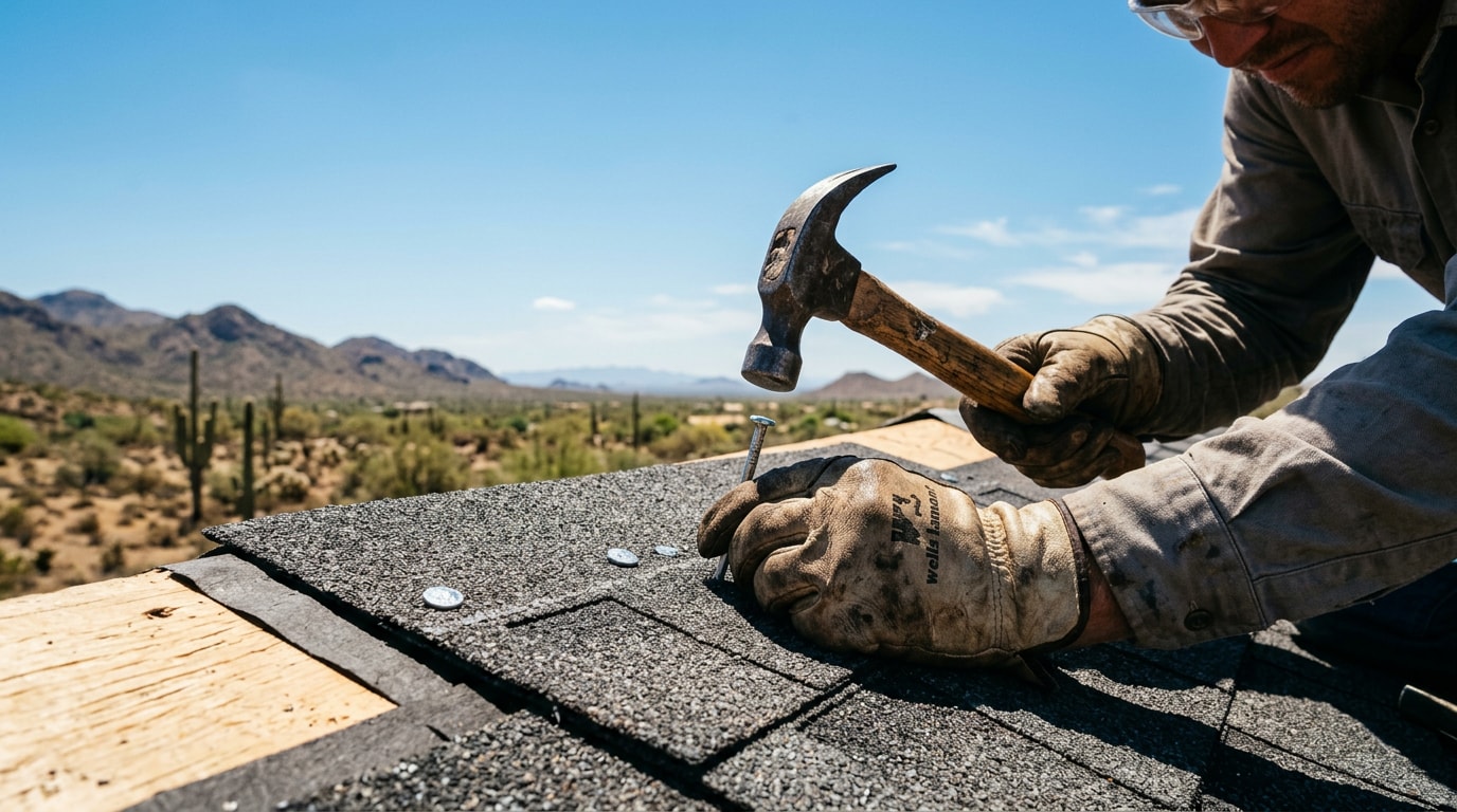 Galvanized roofing nails driven into asphalt shingles on a desert roof in Cave Creek, AZ