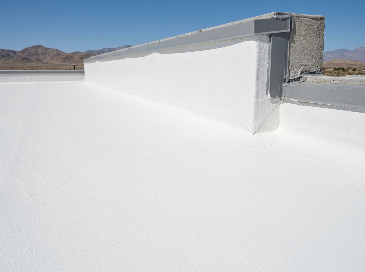 Spray polyurethane foam roofing with white elastomeric coating on a Paradise Valley flat roof section