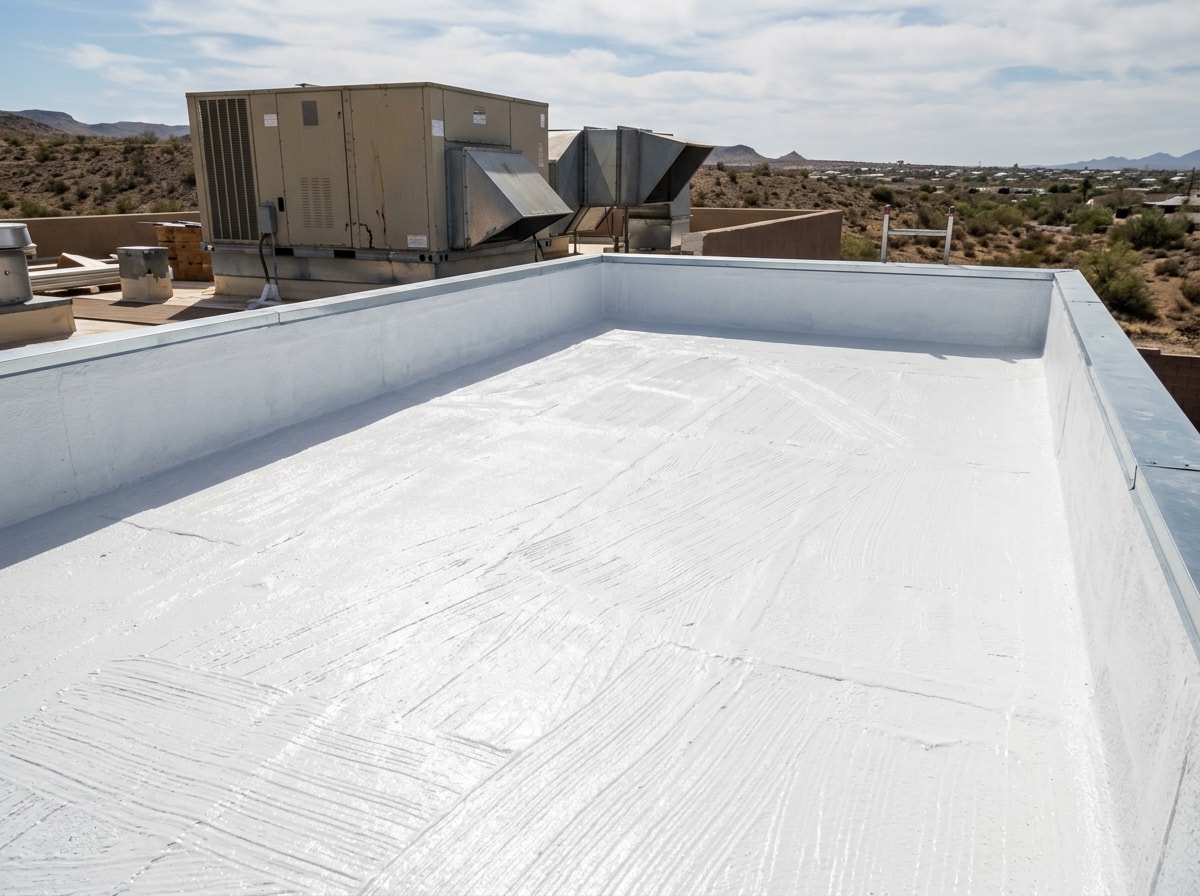 Crew applying elastomeric coating over newly sprayed closed-cell foam on a Paradise Valley parapet roof