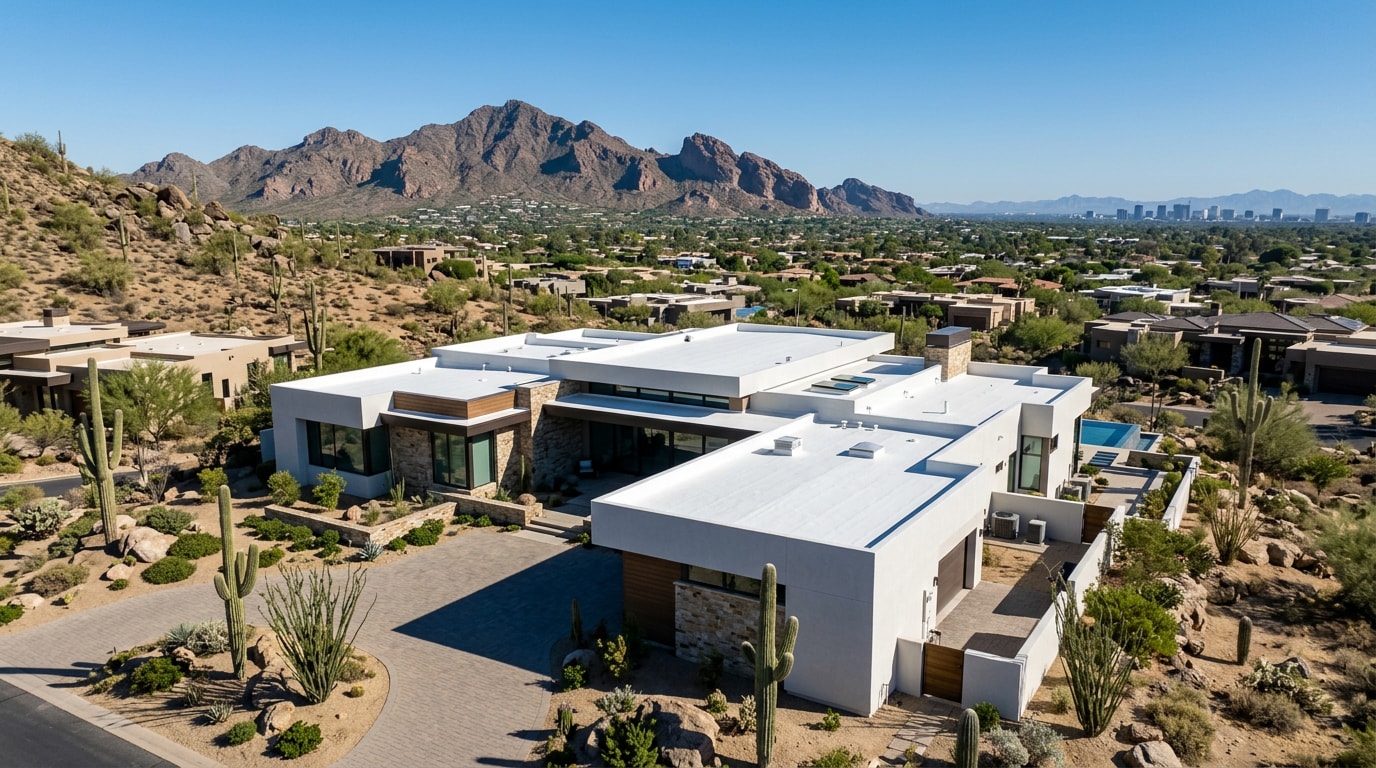 Finished white spray polyurethane foam roof on a Paradise Valley, Arizona home Finished white spray polyurethane foam roof on a Paradise Valley, Arizona home