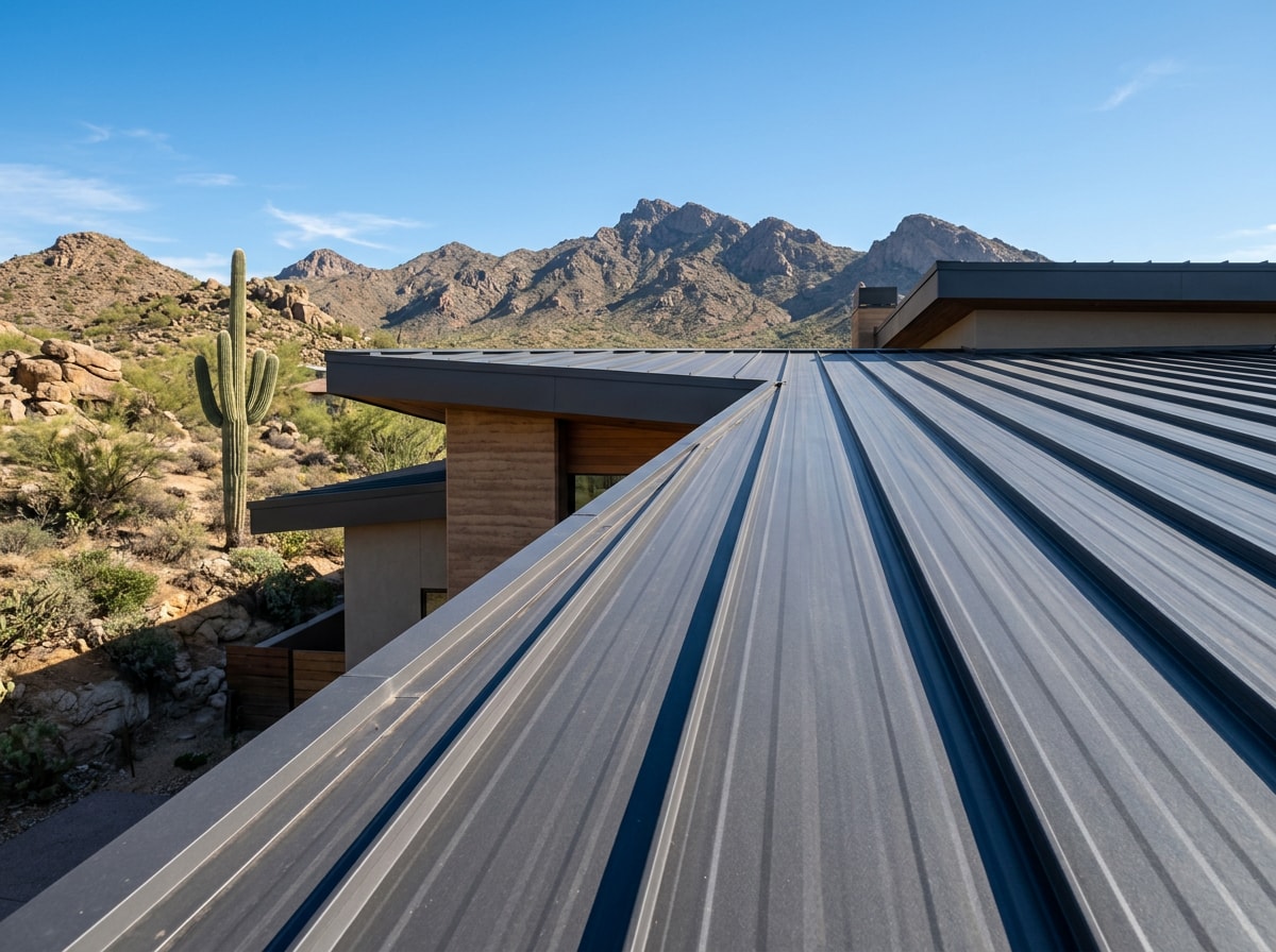 Standing seam metal roof on a desert-modern Scottsdale home with mountain backdrop