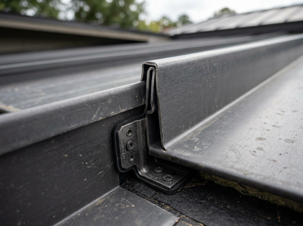 Close-up of standing seam metal roof panel showing interlocking seam and concealed fastener clip