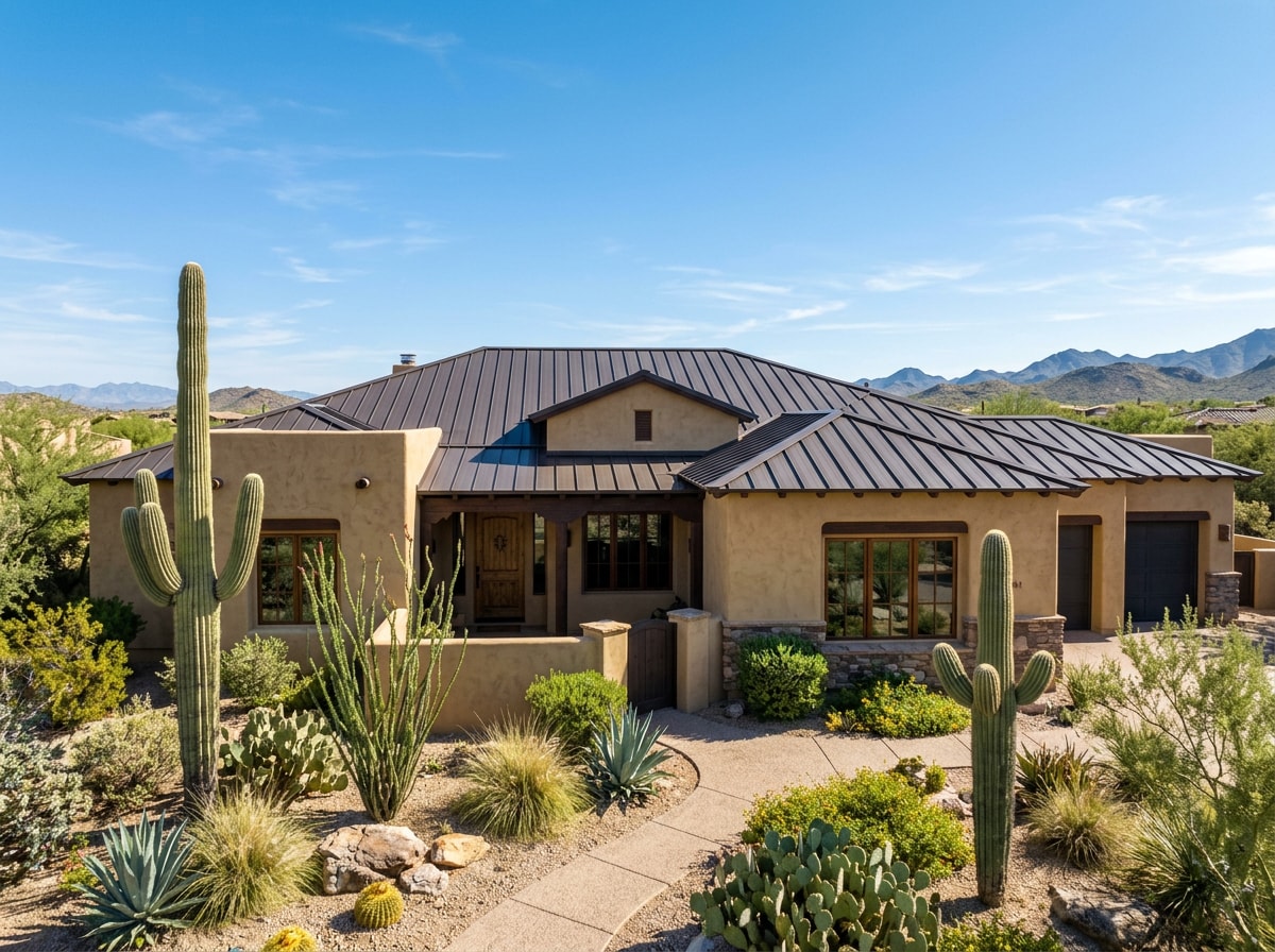 Finished standing seam metal roof on a desert-style home exterior in Queen Creek, Arizona