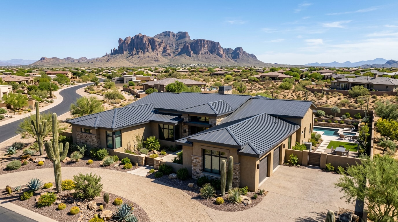 Standing seam metal roof installed on a desert-style home in Queen Creek, Arizona