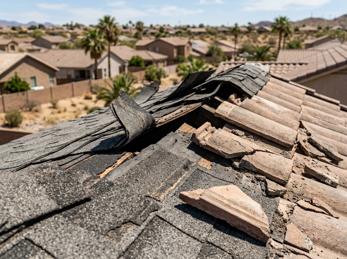Close-up of wind-lifted roof tiles and cracked shingles after a Chandler, AZ hailstorm