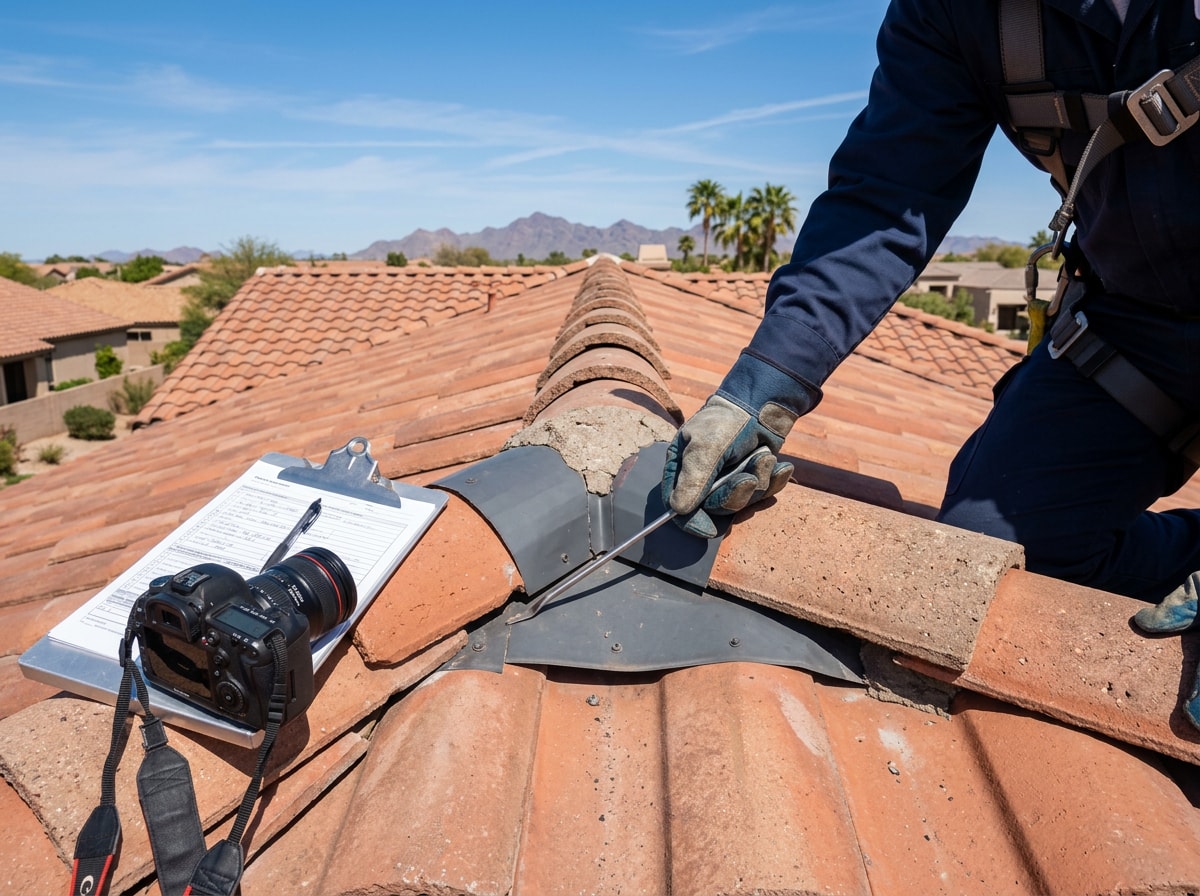 Roofing technician inspecting flashing and ridge tiles for storm damage on a Chandler roof