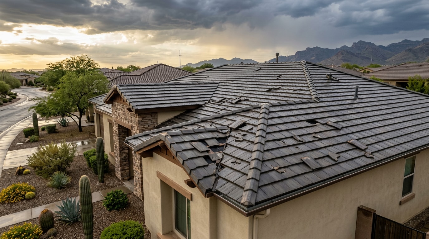 Residential roof in Chandler, AZ showing storm damage after a hailstorm