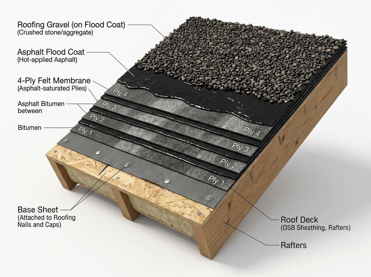 Cross-section of a tar-and-gravel built-up roof showing base sheet, felt plies, bitumen layers, and gravel cap