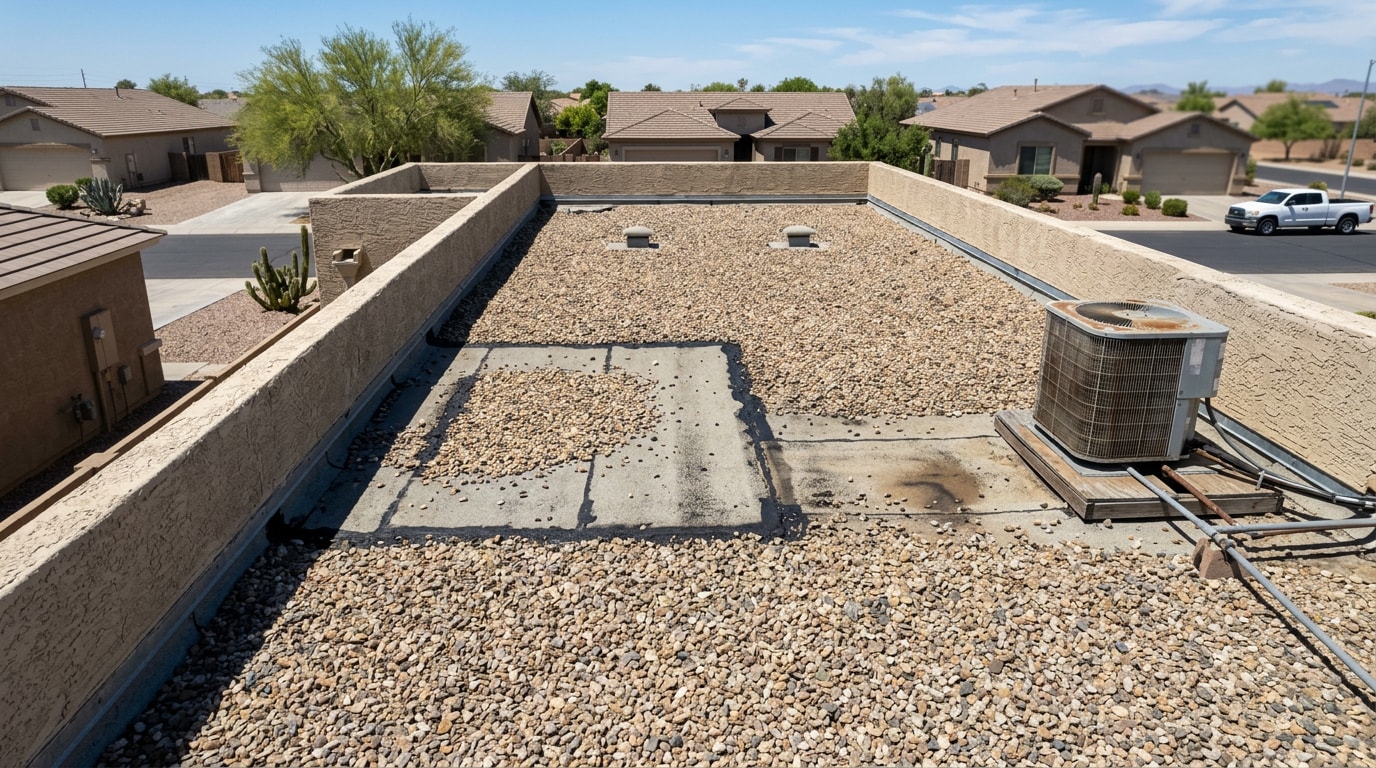 Tar-and-gravel built-up roof on a Gilbert, Arizona home showing gravel cap and a repaired patch section