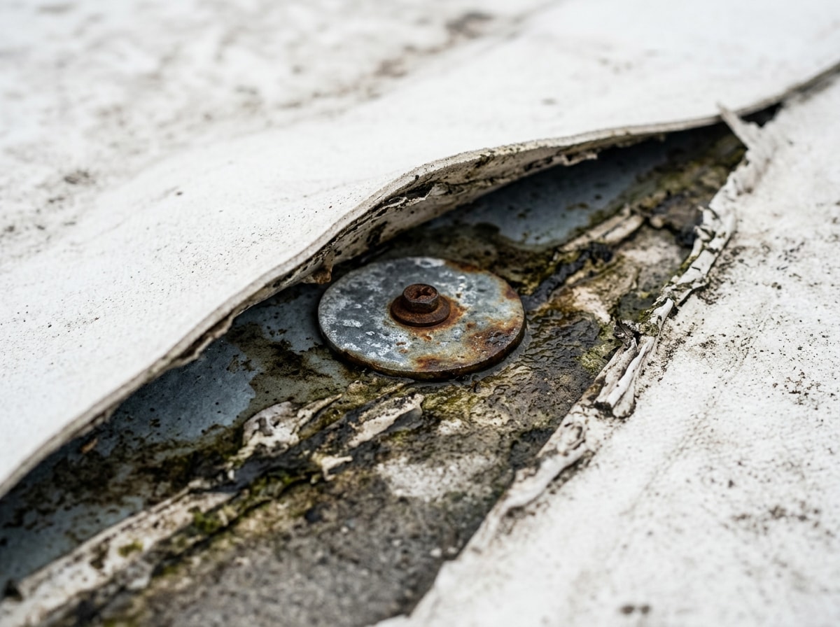 Close-up of a lifted TPO seam showing early membrane separation on a flat roof