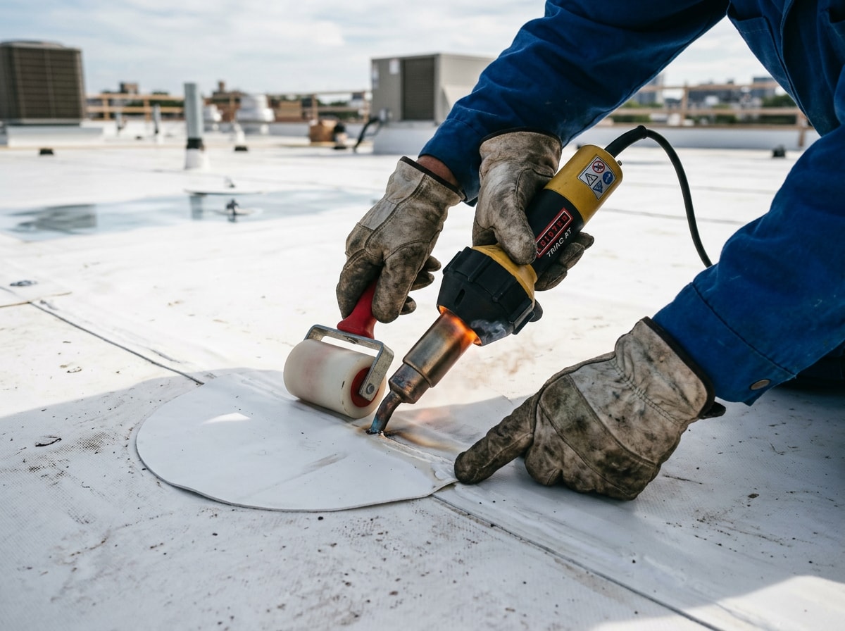 Technician heat-welding a TPO seam patch on a flat roof using a hot-air welder