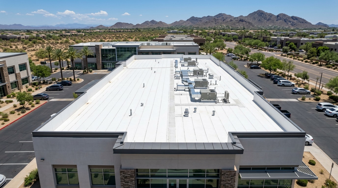 White TPO membrane flat roof on a Scottsdale commercial building under bright sun