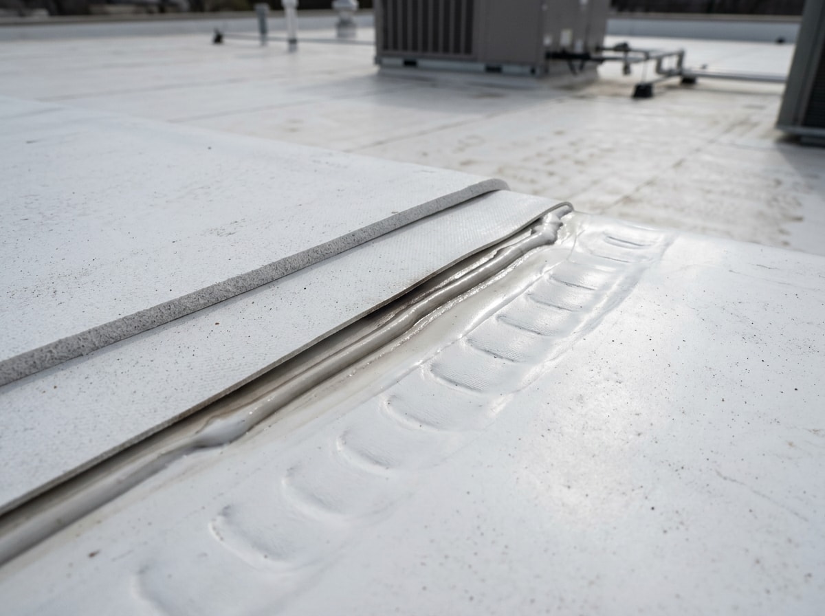 Close-up of a heat-welded TPO membrane seam on a flat commercial roof