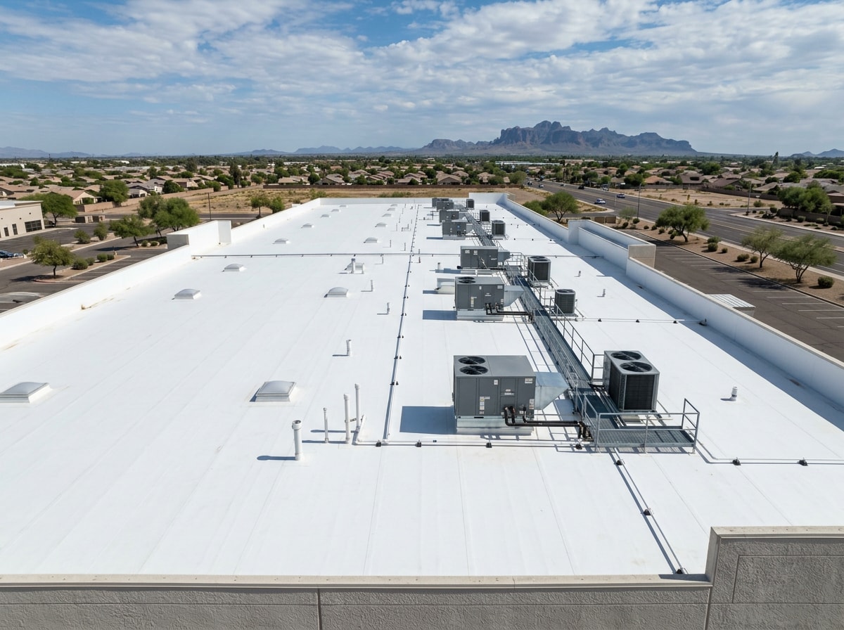 Finished white TPO roof on a commercial building in Mesa, Arizona with rooftop HVAC units