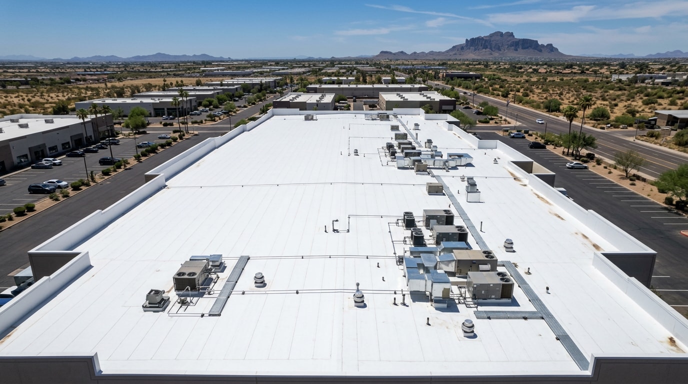 Aerial view of a newly replaced white TPO roof on a commercial building in Mesa, AZ