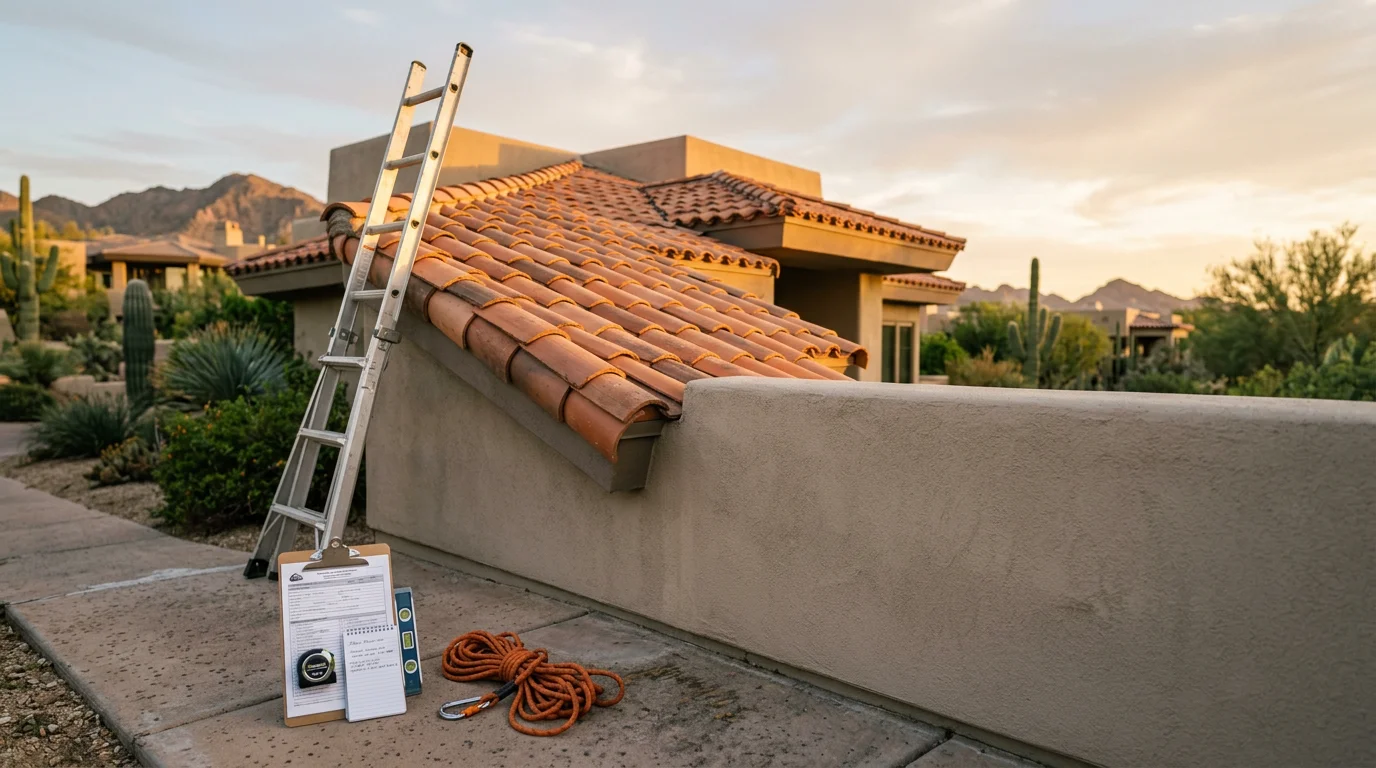 Property manager reviewing roof inspection report with homeowner